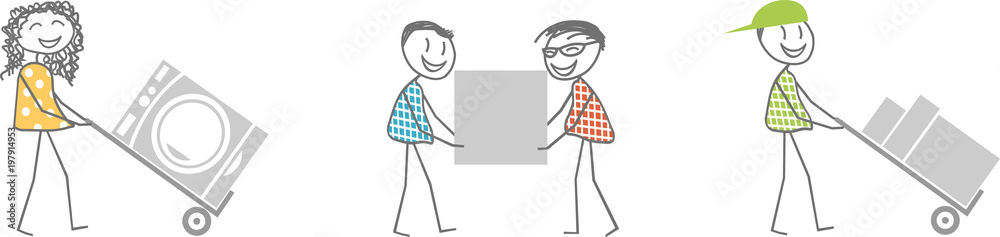 Des hommes et femmes portent des cartons pour un déménagement ou aménagement