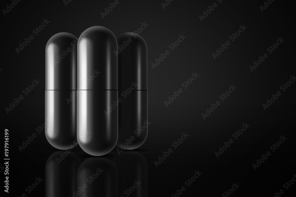 Black pills on dark background. 3d illustration Black pills on dark background. 3d illustration