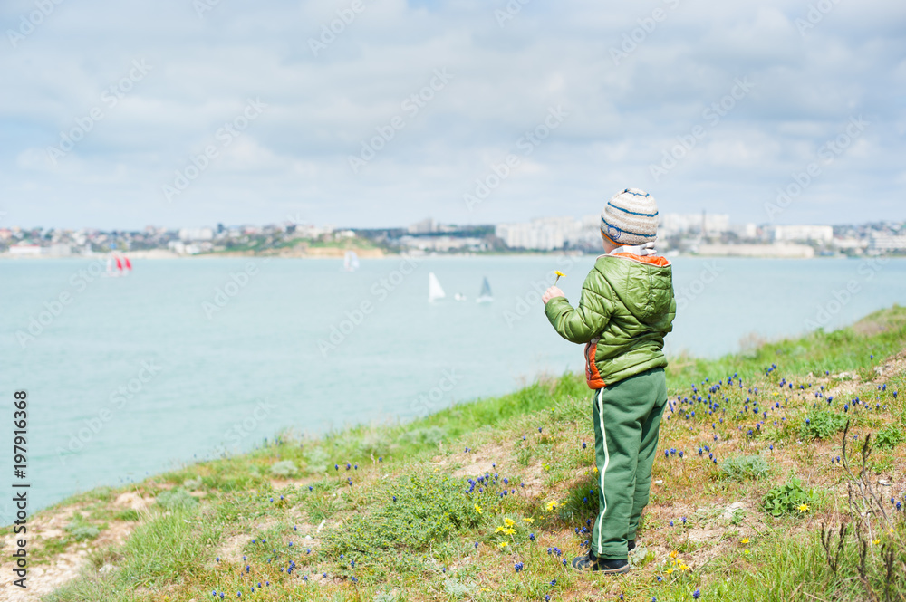 little boy in jacket and hat on grassy green slope holds yellow flower in his hand and looks toward sea with sailing boats in cold spring