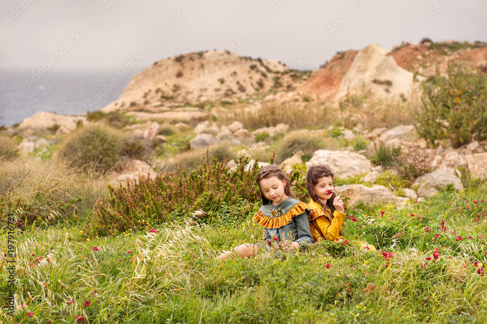 on the grass plateau sit two sisters girls in retro clothes are considered sniffing flowers with hills and stormy sea on a background on the grass plateau sit two sisters girls in retro clothes are considered sniffing flowers with hills and stormy sea on a background