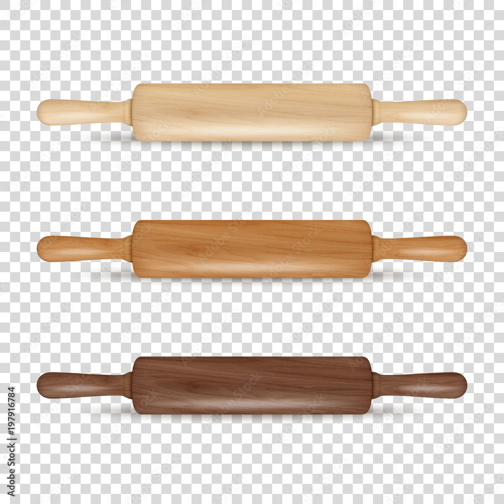 Vector realistic 3D wooden rolling pin icon set closeup isolated on ...