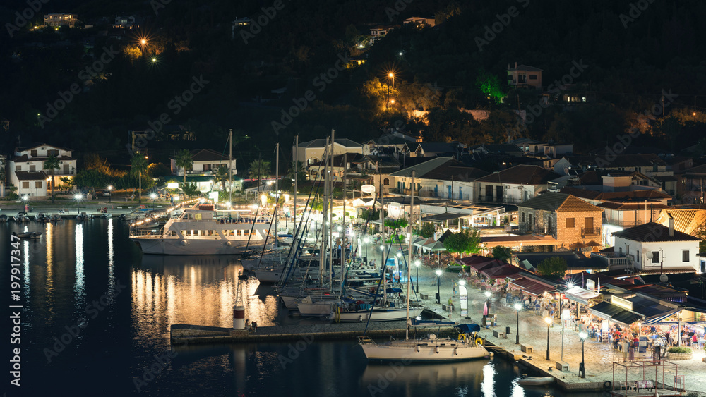 Panorama of the center of the town of Sivota in Greece at night