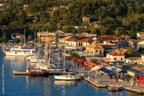 Panorama of the center of the town of Sivota in Greece at night.