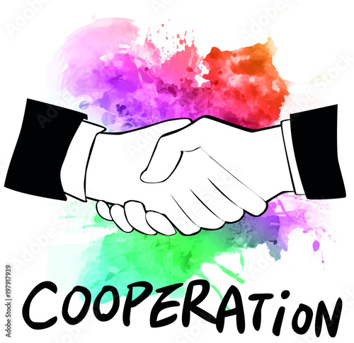 Business icon handshake with word Cooperation on watercolor background