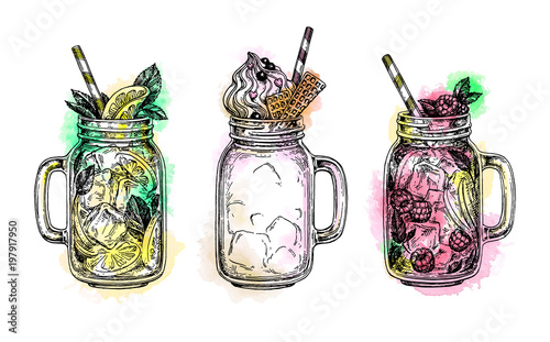 Set of drinks in in mason jars.