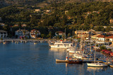 Panorama of the center of the night town of Sivota in Greece at night