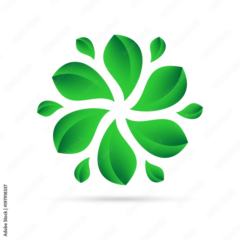 Eco icon from green leaves in a circle on a white background with gray shadow on the bottom. Environmental abstract design natural round shape 