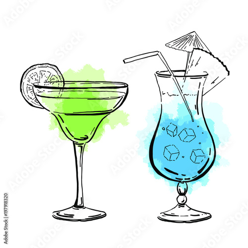 Vector outline hand drawn margarita and blue curacao coctails  for posters and cards. With color spots isolated on white background