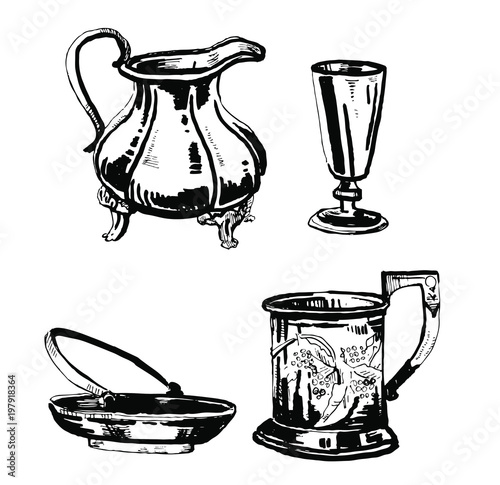 Vector hand drawn outline black and white ink set of old decorative metal utensils 