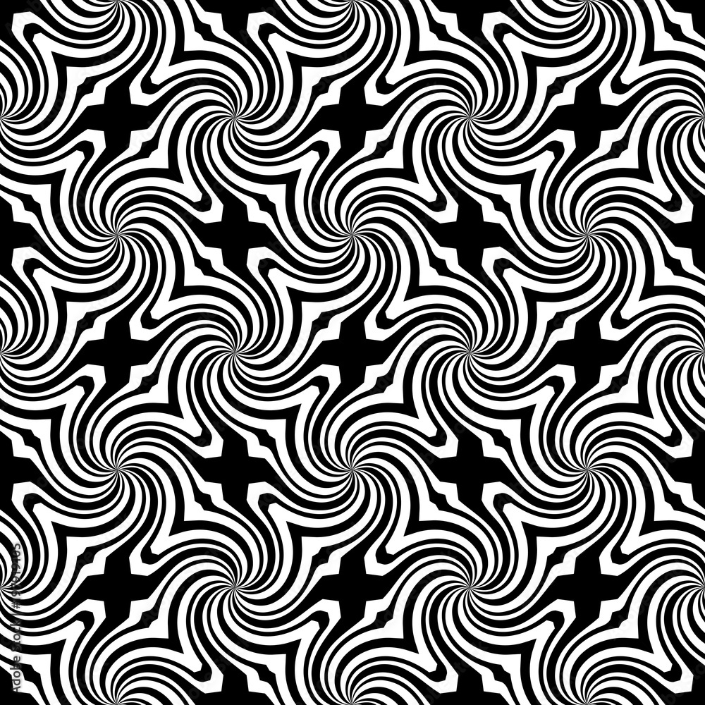 Fototapeta premium Vector sunburst seamless pattern with swirl and geometric wave. Abstract black seamless pattern on white background