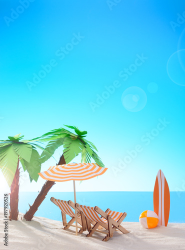 Fototapeta Naklejka Na Ścianę i Meble -  Tropical still life. Dawn on the sandy coast with palm trees. Deck chairs, surfboard and ball on the beach