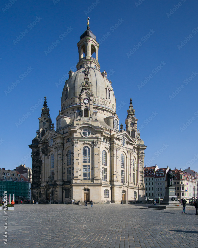 Frauenkirche Dresden on a sunny day with blue sky, Germany.