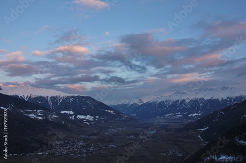 Sunset over Val Venosta, natural park Gruppo di Tessa alps. Alto Adige (South Tyrol), Italy photo