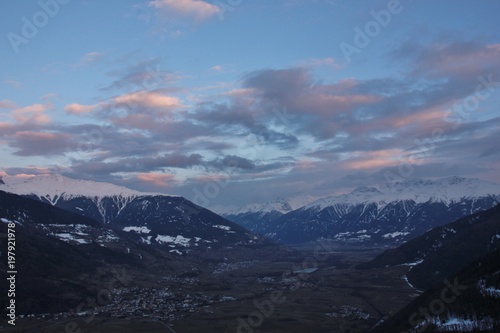 Sunset over Val Venosta, natural park Gruppo di Tessa alps. Alto Adige (South Tyrol), Italy