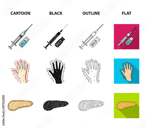 Syringe with insulin, pancreas, glucometer, hand diabetic. Diabet set collection icons in cartoon,black,outline,flat style vector symbol stock illustration web.