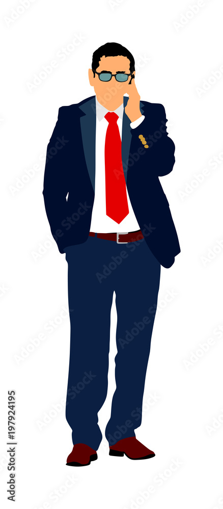 Confident leader walking. Businessman on work vector illustration. Senior business man in suit, with mobile phone in hands in office. Manager explains the work process to bank manager for loan. Confident leader walking. Businessman on work vector illustration. Senior business man in suit, with mobile phone in hands in office. Manager explains the work process to bank manager for loan.