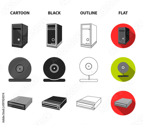 System unit, memory card and other equipment. Personal computer set collection icons in cartoon,black,outline,flat style vector symbol stock illustration web.