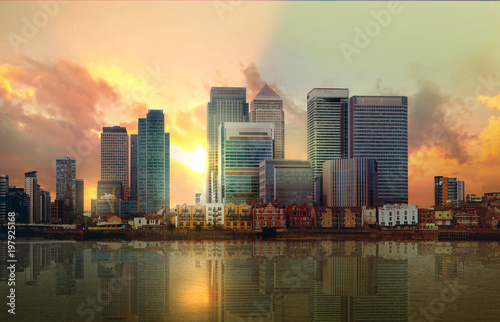 London. Canary Wharf business and banking aria at sunset