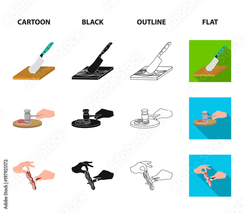 Cutlass on a cutting board, hammer for chops, cooking bacon, eating fish and vegetables. Eating and cooking set collection icons in cartoon,black,outline,flat style vector symbol stock illustration