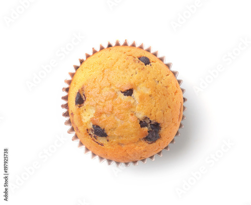 Delicious homemade cupcake with raisins and chocolate isolated on white background. Muffins. Top view.
