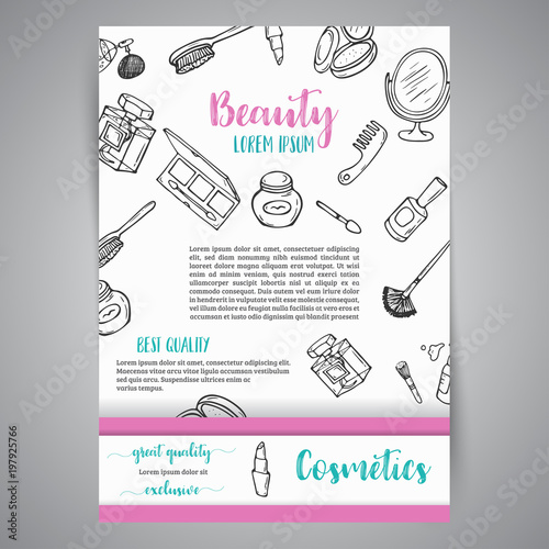 Makeup business broshure and banner. Cosmetics items. Advert for shop, beauty salon, flyer design, web template. Vector illustration