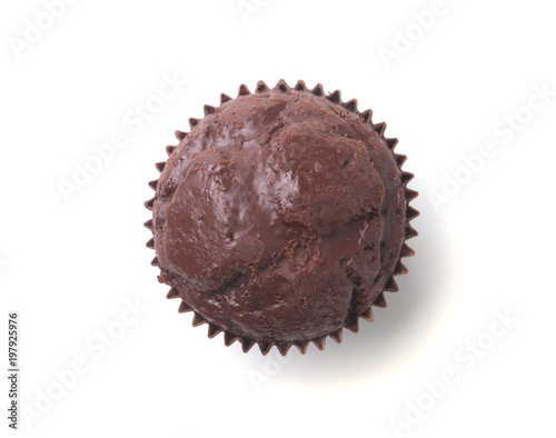 Delicious homemade cupcake with raisins and chocolate isolated on white background. Muffins. Top view.