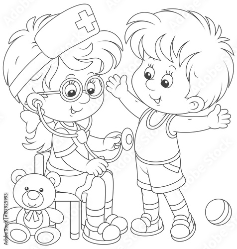 Little kids playing doctor and patient. Friendly smiling girl with a toy stethoscope listening a belly of a boy, black and white vector illustration for a coloring book