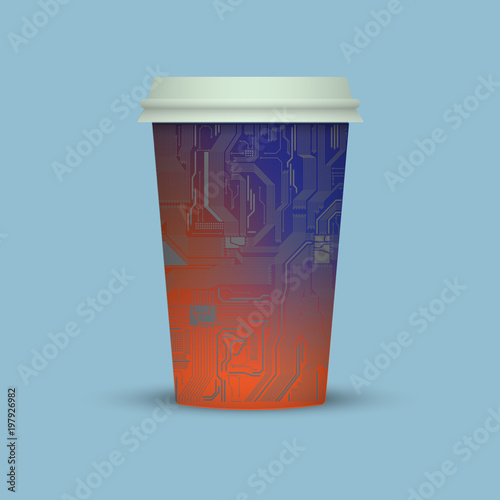 Coffee cup in electronic digital style. Plasticr coffee cup icon to go photo