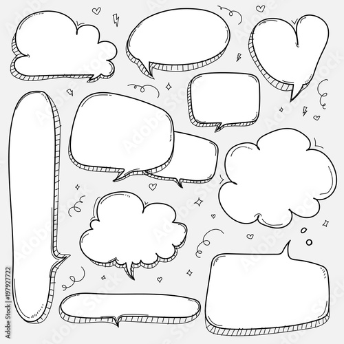 Hand Drawn Bubbles Set. Doodle Style Comic Balloon, Cloud, Heart Shaped Design Elements.