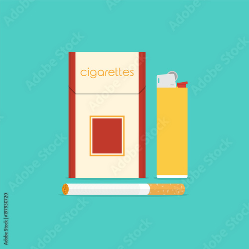 Cigarette packet and lighter. Vector illustration in flat design