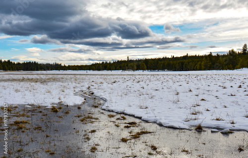 Clouds rolling in over snowy marsh meadow near forest
