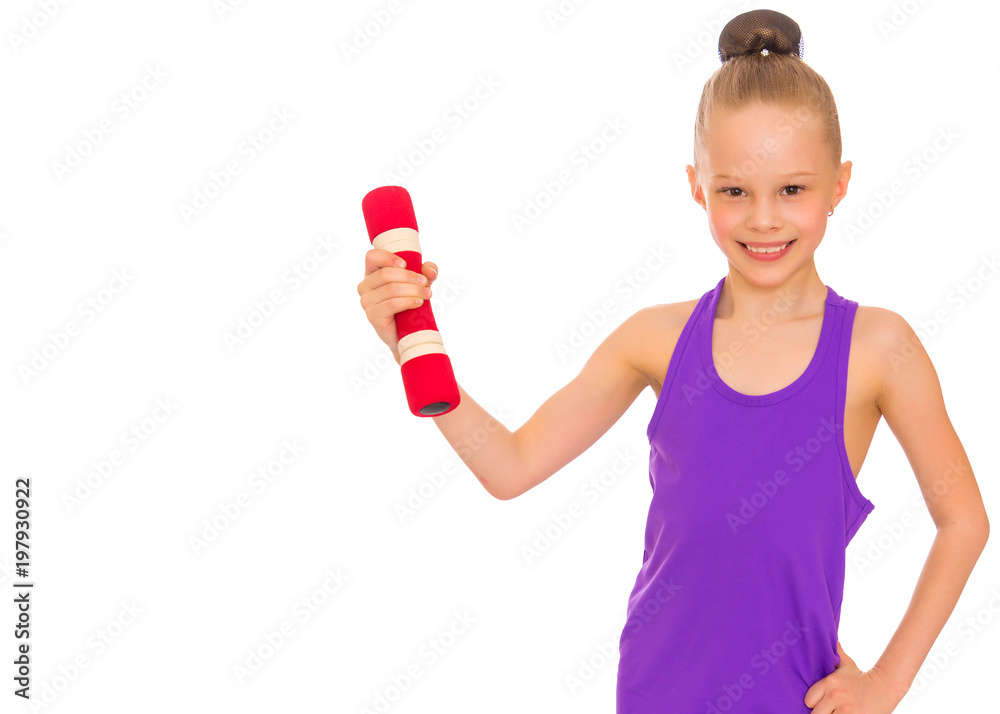 Little girl doing exercises with dumbbells. Little girl doing exercises with dumbbells.