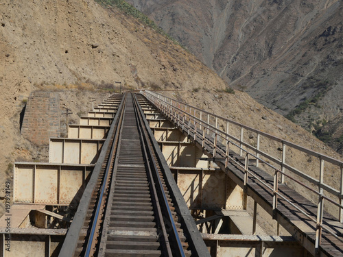 Puente Carrion, the longest bridge on the Ferrocarril Central train line between Lima and Huancayo, in the Peruvian Andes