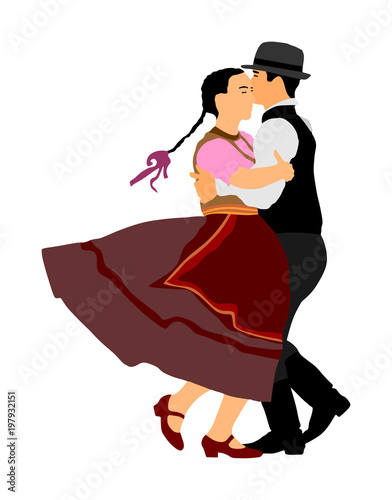 Hungarian folk dancers couple vector. Germany folk dancers couple. Austrian folk dancers couple. East Europe folklore. Couple in love dancing Balkan folk. Folklore event on wedding ceremony.