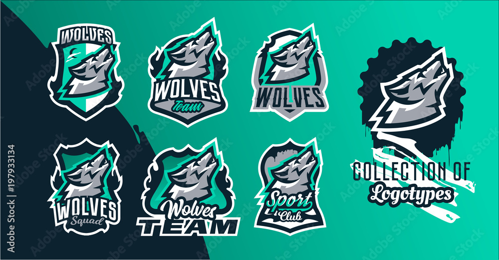 Collection of colorful emblems of the howling wolf. Logo, badge of the wild beast, dangerous animal, aggressive predator. Identity sports club, vector illustration