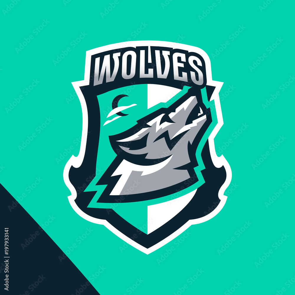 Colorful emblem of the howling wolf. Logo, badge of the wild beast, dangerous animal, aggressive predator. Identity sports club, vector illustration