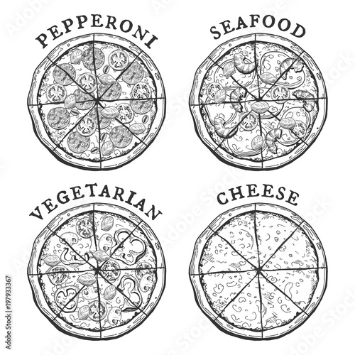 pepperoni, seafood, vegetarian and cheese pizza