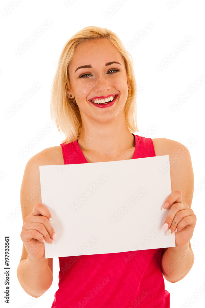 Active sporty woman holds white banner with copy space for additional text or graphic isolated over white background Active sporty woman holds white banner with copy space for additional text or graphic isolated over white background