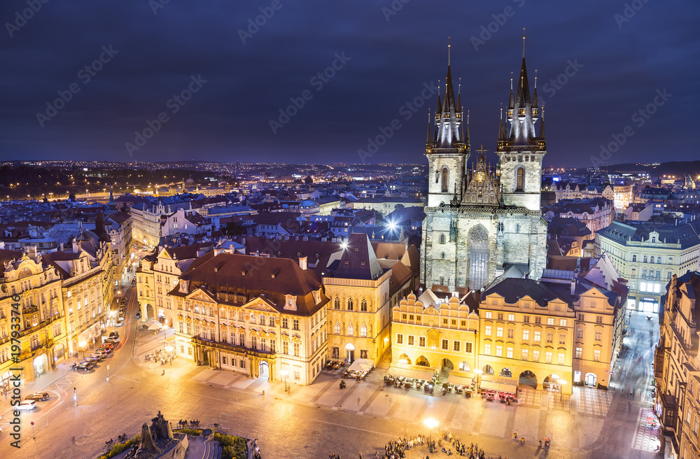 Old town square with Tyn church in the evening Prague