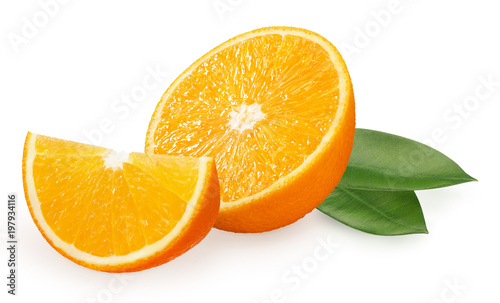 Half and slice of fresh orange fruit with green leaves