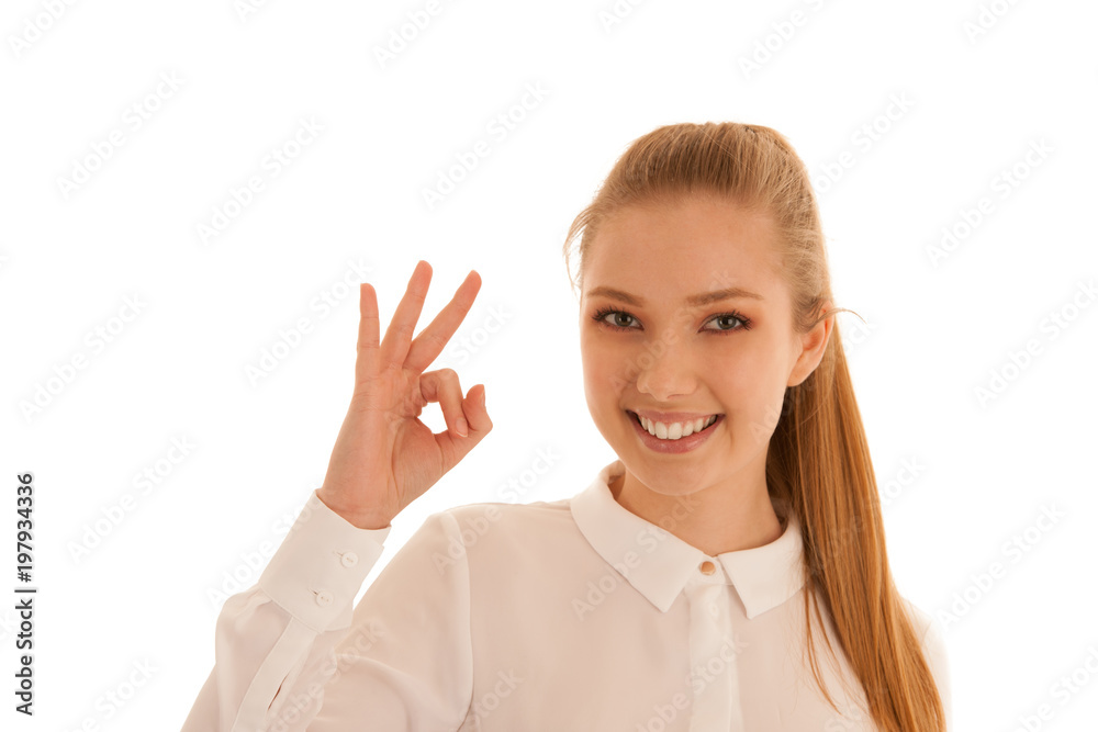 Beautiful business woman shows excellent sigh isolated over white background