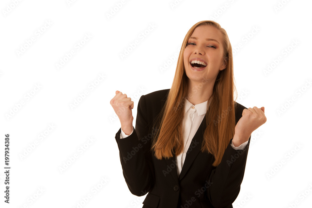 Beauiful business woman gesture success with her arms isolated over white background Beauiful business woman gesture success with her arms isolated over white background