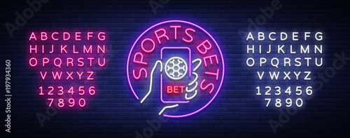 Sports betting is a neon sign. Design template, Neon style logo, bright banner, night advertising, smartphone in your hand, online betting on football. Vector illustration. Editing text neon sign