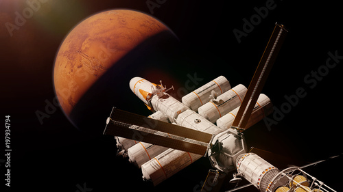 Fototapeta Naklejka Na Ścianę i Meble -  spaceship arriving at planet Mars, expedition to the red planet (3d science fiction render, elements of this image are furnished by NASA)