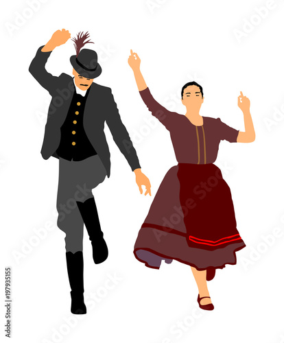 Hungarian folk dancers couple vector. Germany folk dancers couple. Austrian folk dancers couple. East Europe folklore. Couple in love dancing Balkan folk. Folklore event on wedding ceremony.