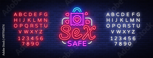 Safe Sex design template. Safe sex condom concept for adults in neon style. Neon Sign, Element Design. Intimate store. Bright nightly advertising. Vector illustration. Editing text neon sign