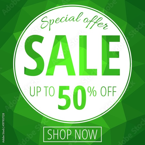 Sale banner template with low poly vector background. Special offers and discounts promotion