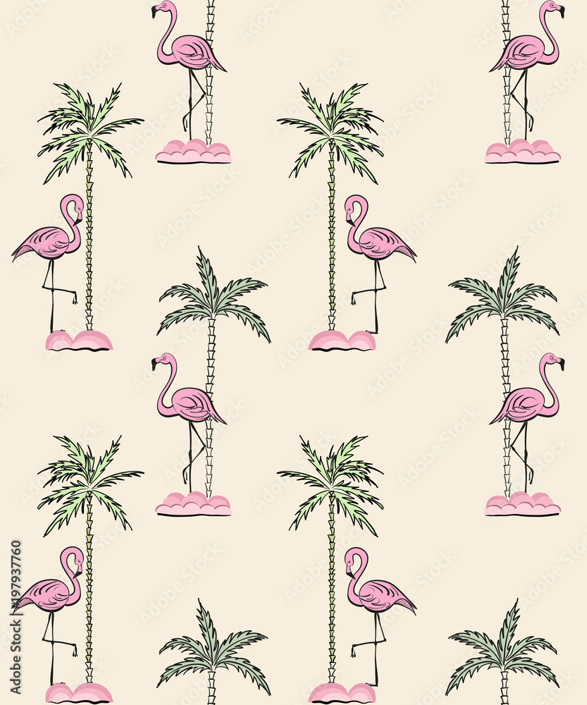Fototapeta premium Pink flamingos and palms. Seamless pattern. Tropical vector print.
