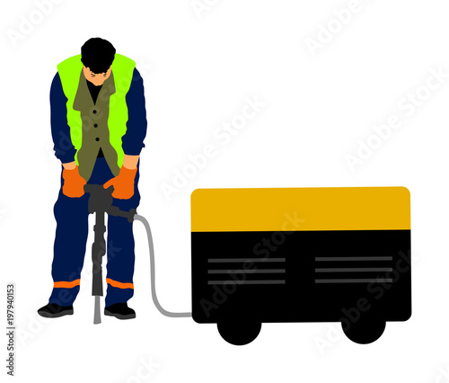 Construction worker electric drill Drilling concrete driveway with jackhammer, ground in construction area. Man repairing road surface with heavy duty machine. mason drilling cement concrete. sidewalk