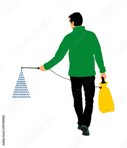 Gardener sprays pesticide vector illustration isolated. Farmer applying insecticide fertilizer to his vegetable using a sprayer.  Man watering plants or grass. Worker applying insecticide fertilizer.